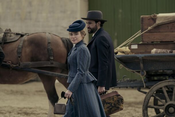 Florence Pugh and Christopher Abbott as Cathy and Adam in East of Eden (2026). In the finale, Cathy dies alone in her room at the brothel she runs, after drinking a bottle of morphine
