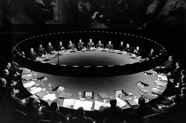 Generals around the war room table in Dr. Strangelove