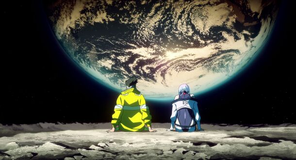 Lucy and David looking at Earth from the moon in Cyberpunk: Edgerunners (2022). Getting off-world to the moon was Lucy's one recurring dream, and she makes the trip alone after David's death