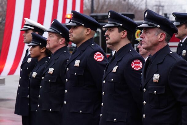 Firefighters in dress uniform in Chicago Fire (2012). Season 15 premiered on NBC on October 7 without Jesse Spencer's Matt Casey, who has not been seen since February 2024