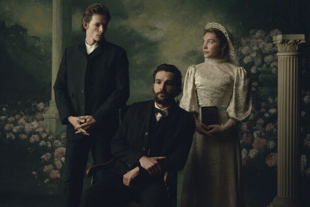 Mike Faist, Christopher Abbott and Florence Pugh as Charles, Adam and Cathy in East of Eden (2026). Episode 1 ends with the Trask brothers finding the beaten Cathy on their porch