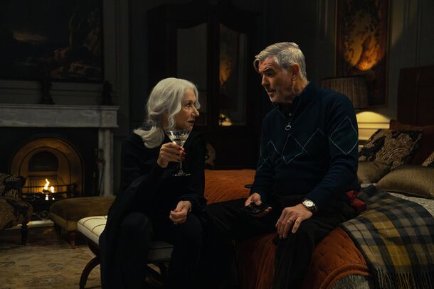 Helen Mirren and Pierce Brosnan in the drawing room in MobLand