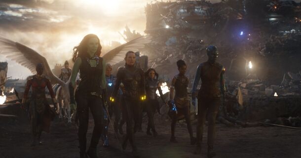 The assembled heroes advancing across the ruins in Avengers: Endgame