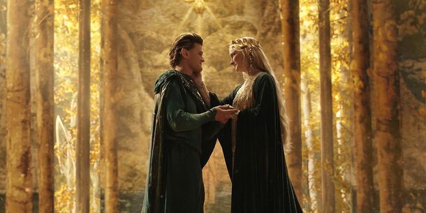 Elrond and Galadriel among the golden trees in The Rings of Power