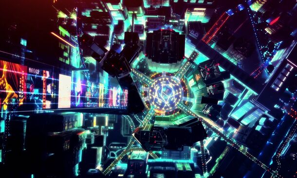 Night City from above in Cyberpunk: Edgerunners (2022). The sequel's finale ends with D. flying toward a distant light in the sky and never shows him come down