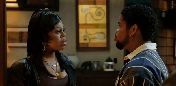 A tense talk in a restaurant in The Drop: A Snowfall Saga (2026). The series picks up in 1990 South Los Angeles, as West Coast rap breaks into the mainstream