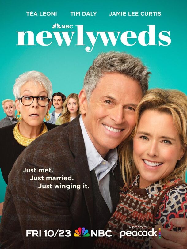Jamie Lee Curtis, Téa Leoni and Tim Daly on the poster for NBC's Newlyweds (2026). The multi-camera sitcom premieres on Friday, October 23, two weeks after co-creator Gail Lerner was fired