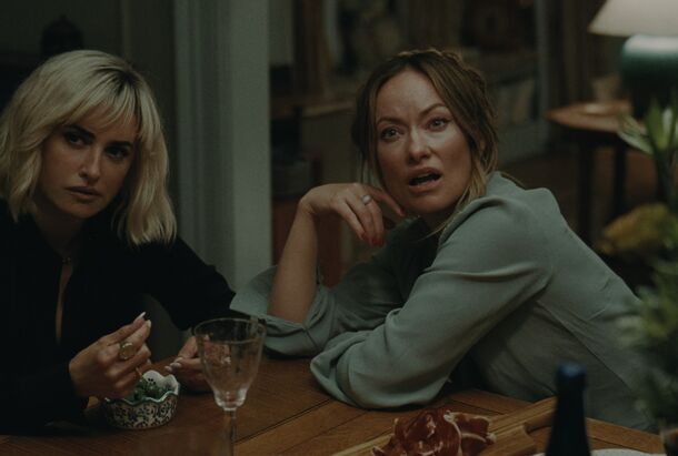 Penélope Cruz and Olivia Wilde in The Invite (2026). Cruz's sexologist Piña proposes the partner swap that leads Joe and Angela to talk about separating