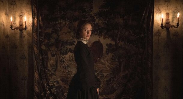 Maika Monroe as Winifred Notty in Victorian Psycho (2026). In Virginia Feito's novel, Winifred hangs and Drusilla walks free after testifying against her