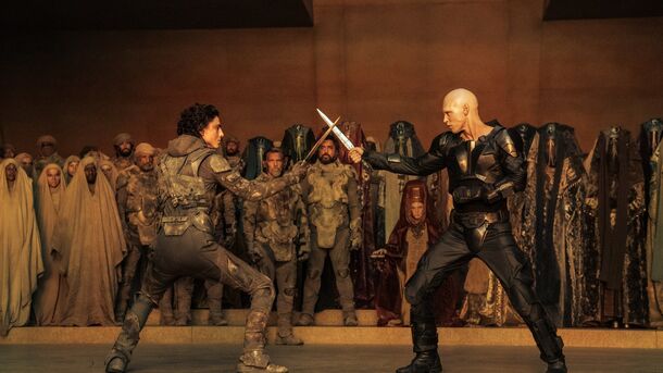 Timothée Chalamet and Austin Butler duel as Paul and Feyd-Rautha in Dune: Part Two (2024). Sting played the same blonde villain in David Lynch's 1984 Dune