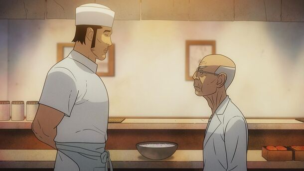 Jiro with an older chef in Get Jiro (2026). The series adapts the 2012 graphic novel Anthony Bourdain wrote with Joel Rose