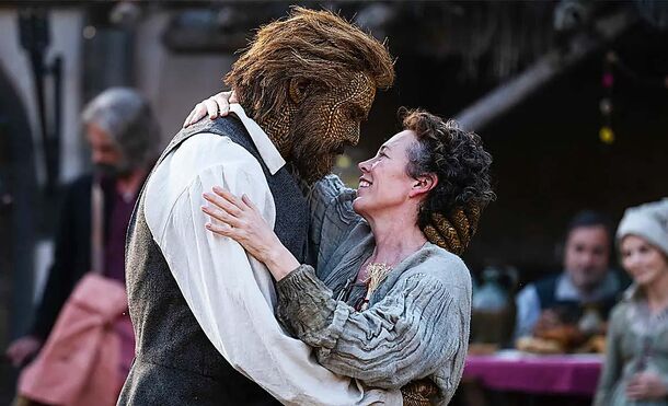 Olivia Colman and Alexander Skarsgård as the fisherwoman and her wicker husband in Wicker (2026). Wētā Workshop built a wicker suit fitted to Skarsgård's movements and expressions