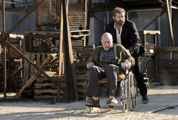 Hugh Jackman and Patrick Stewart in Logan (2017). Stewart said he was done playing Charles Xavier after crying through the film's Berlin premiere