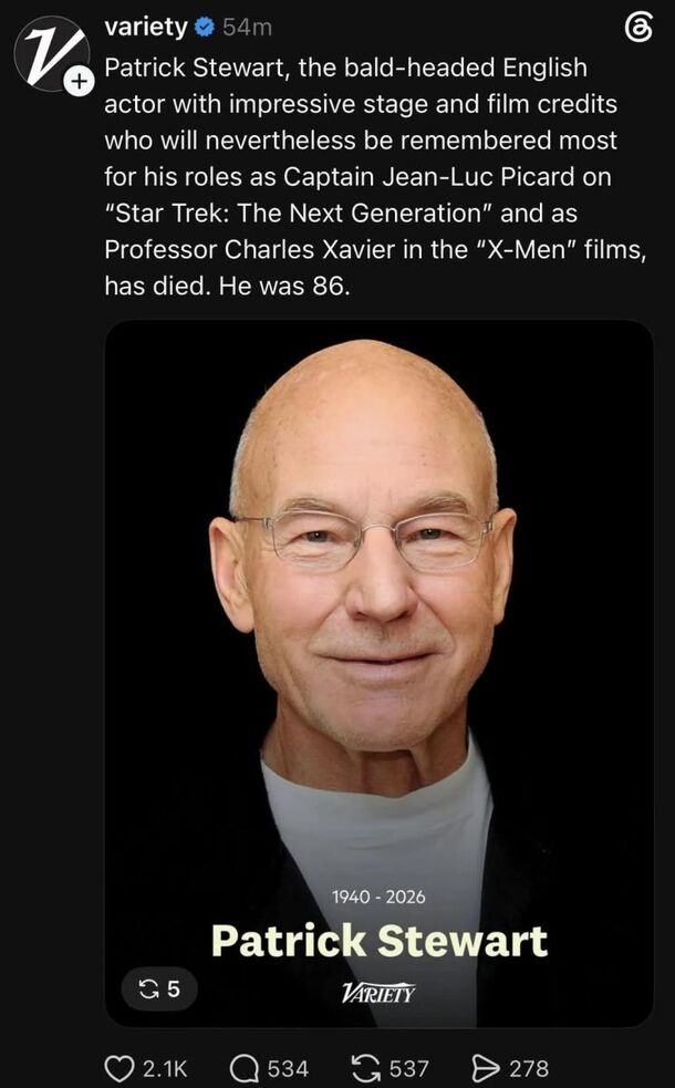 Variety's Threads post on Patrick Stewart's death, opening with the words 'bald-headed English actor'. The line was later edited out of the obituary on the main site without a note
