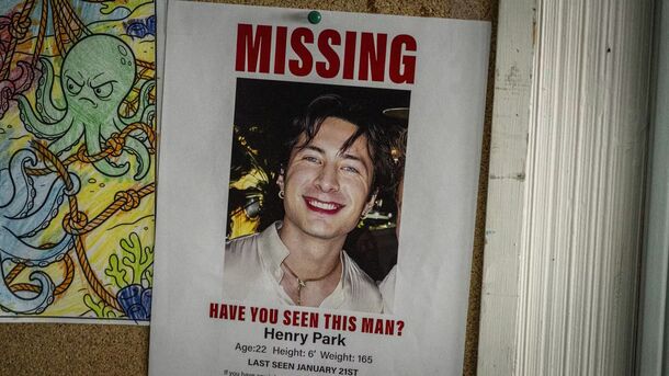 A missing poster for Henry Park in Yaga (2026). Hudson Williams plays both Henry and his roommate Logan