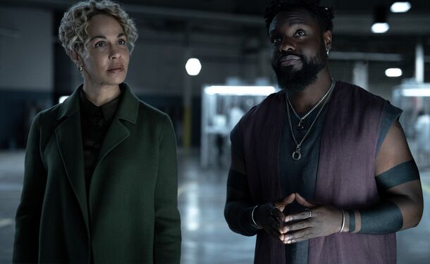 Two travellers meet inside an empty warehouse in Dark Matter season 2 on Apple TV+
