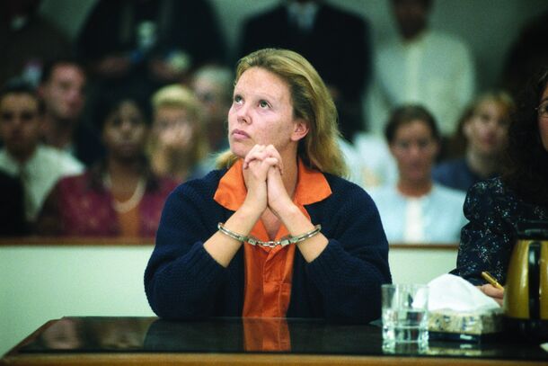 Charlize Theron as Aileen Wuornos in Monster (2003), the role that won her the Oscar; Sarah Paulson plays the same woman in Netflix's Monster