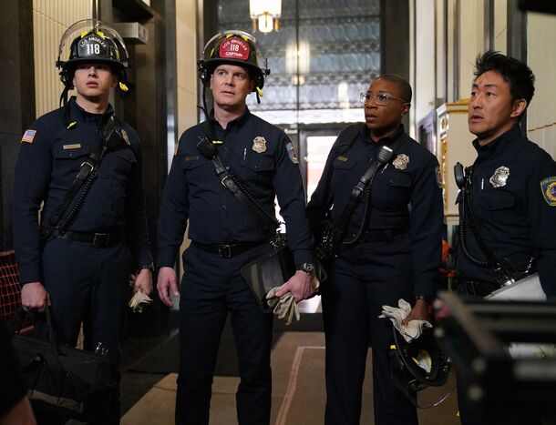 Peter Krause as Bobby Nash with the 118 crew in 9-1-1