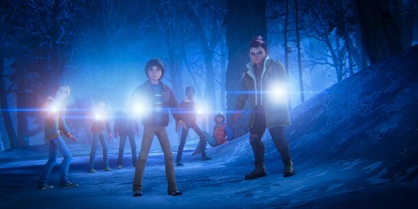 The Hawkins kids with torches at night in Stranger Things: Tales From '85