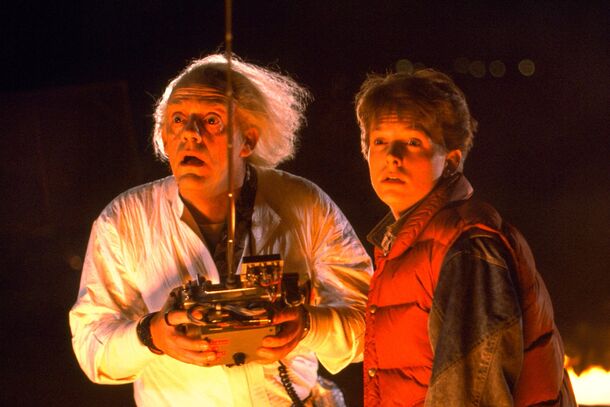 Doc Brown and Marty McFly with the flux capacitor in Back to the Future