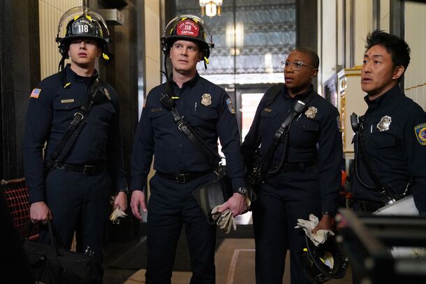 Peter Krause as Bobby Nash with the 118 crew in 9-1-1