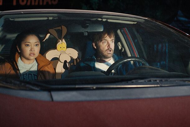 Lana Condor and Will Forte in the car with Wile E. Coyote in Coyote vs. Acme