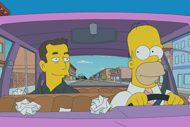 Homer Simpson at the wheel with a passenger in The Simpsons