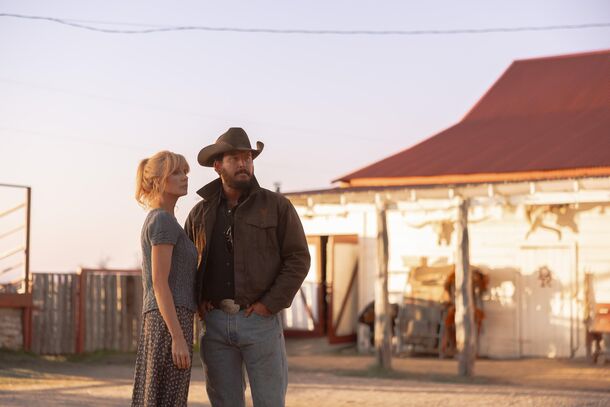 Beth and Rip outside the ranch store at sunset in Dutton Ranch