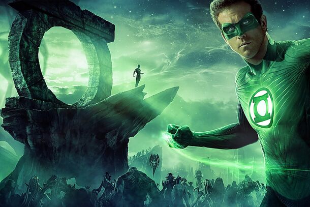 Green Lantern (2011) — Ryan Reynolds as Hal Jordan on Oa, in the film where Blake Lively played Carol Ferris and where the two of them met before marrying
