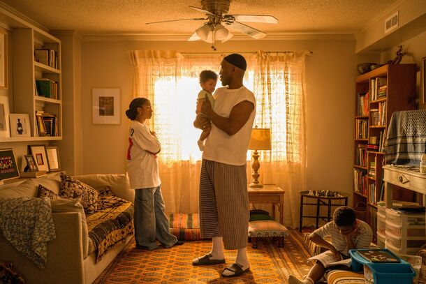 Mahershala Ali between takes on Your Mother Your Mother Your Mother — the stick work in his hands is left over from a year of Blade training Marvel never used, and this film was shot with neither the time nor the money to teach it from scratch.