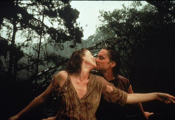 Michael Douglas and Kathleen Turner in the jungle in Romancing the Stone