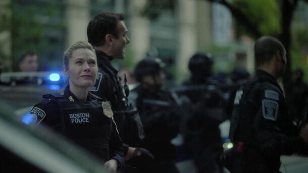 Boston police officers in Boston Blue (2025). The Blue Bloods spinoff films mostly in Toronto and flies to Boston for location shoots