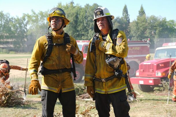 Billy Burke and Jordan Calloway in Fire Country (2022). Burke's Vince Leone died in the season 3 finale roof collapse, confirmed by a season 4 trailer