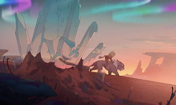 A rider crosses a crystal wasteland in Avatar: Seven Havens (2026). The series is set 225 years after The Legend of Korra, in a world where the Four Nations no longer exist