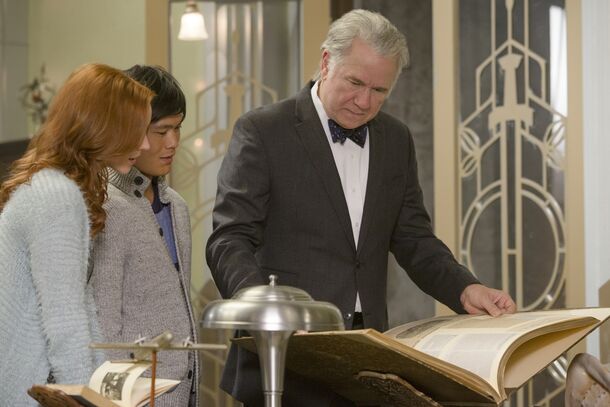 John Larroquette as Jenkins with the Librarians in The Librarians (2014). The Library's caretaker turns out to be Galahad, the illegitimate son of Lancelot