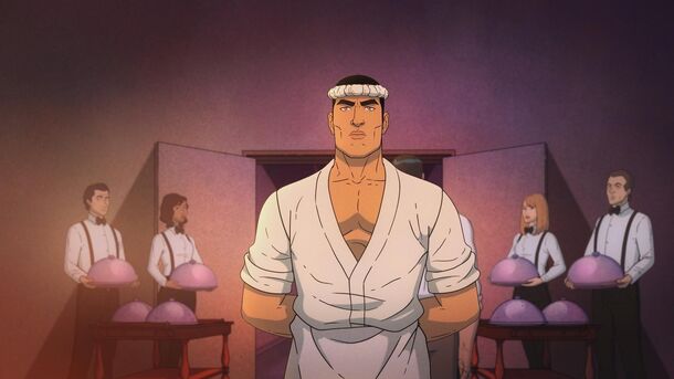 Jiro, voiced by Brian Tee, in Get Jiro (2026). Titus Welliver voices Bob, a master of French cuisine who runs one of the two factions fighting over the city