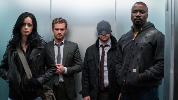 Krysten Ritter, Finn Jones, Charlie Cox and Mike Colter in The Defenders (2017). All four return in Daredevil: Born Again season 3, the show's last