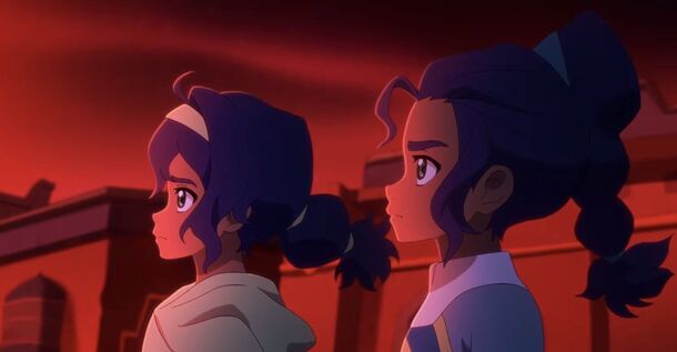 Two girls against a red sky in Avatar: Seven Havens (2026). Paramount+ renewed the series for Books 3 and 4 when only three episodes had aired