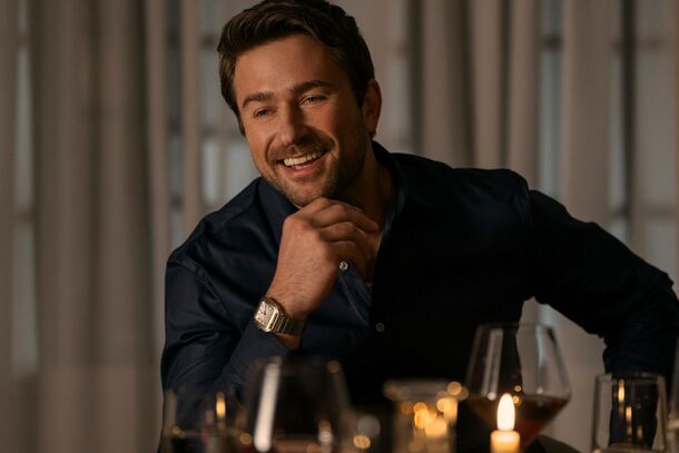 Brandon Sklenar as Andrew Winchester in The Housemaid (2025). In the film, Millie pushes him over the spiral staircase banister; the novel kills him with a locked attic