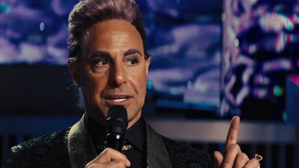 Stanley Tucci as Caesar Flickerman in The Hunger Games: Catching Fire (2013). He played the Capitol's Games host in four films before Kieran Culkin took over the role in Sunrise on the Reaping