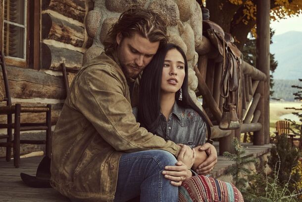 Luke Grimes and Kelsey Asbille as Kayce and Monica Dutton in Yellowstone (2018). Showrunner Spencer Hudnut says a return for Monica in Marshals is definitely not off the table