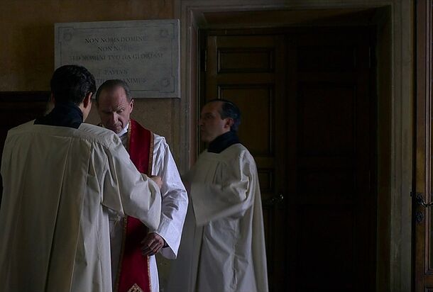 Clergy vesting in the sacristy in Conclave (2024). Edward Berger has said the film might have disappeared on Netflix and needed audiences locked in the cinema