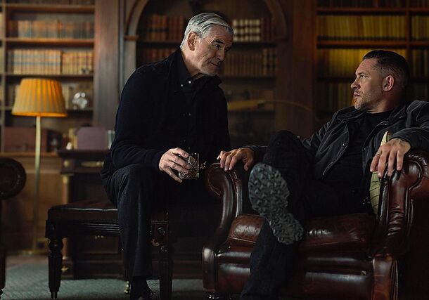 Pierce Brosnan and Tom Hardy as Conrad Harrigan and Harry Da Souza in MobLand (2025). In season 2, Conrad calls Harry a wall against the dark