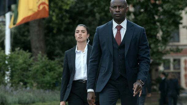 David Gyasi as Foreign Secretary Austin Dennison with Ali Ahn in The Diplomat (2023). In season 4, Dennison dies offscreen when his helicopter crashes on the way to Amritsar