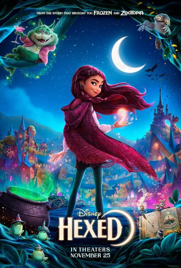 The new Hexed (2026) poster, with Billie in a crimson hooded cape under a crescent moon. Disney drew it as a flat storybook illustration, while the film itself is CG animation
