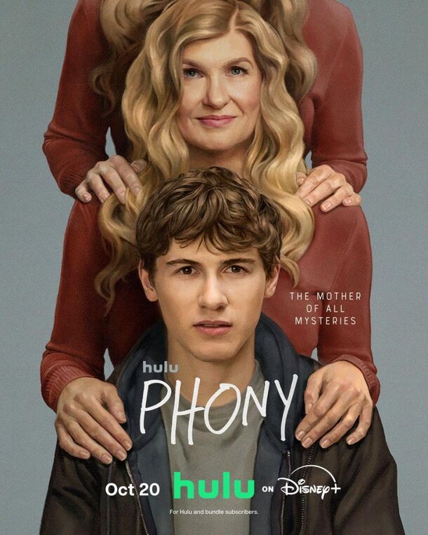 Connie Britton and Sam Nivola on the poster for Hulu's Phony (2026). Britton plays both versions of Ellen Cooke, the mother her son Sonny swears is an imposter