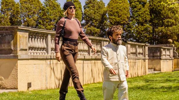 Uma Thurman and Peter Dinklage as Charley and Leon Prater in Dexter: Resurrection (2025). In the finale, Dexter straps Prater to the killing table in his own vault
