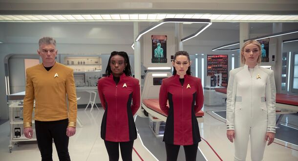 The crew of the Enterprise in a corridor in Star Trek: Strange New Worlds (2022). Its final season 5, six episodes already shot, arrives on Paramount+ in 2027