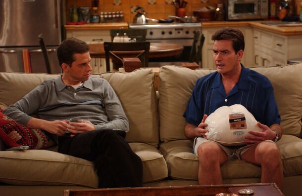 Jon Cryer and Charlie Sheen as Alan and Charlie Harper in Two and a Half Men (2003). Before casting, CBS warned Chuck Lorre it didn't want to hear the words Jon Cryer
