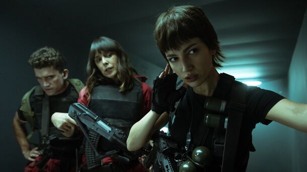 Úrsula Corberó as Tokyo with the crew in the vault in Money Heist (2017). Tokyo dies in the first volume of Part 5, taking a squad of soldiers with her